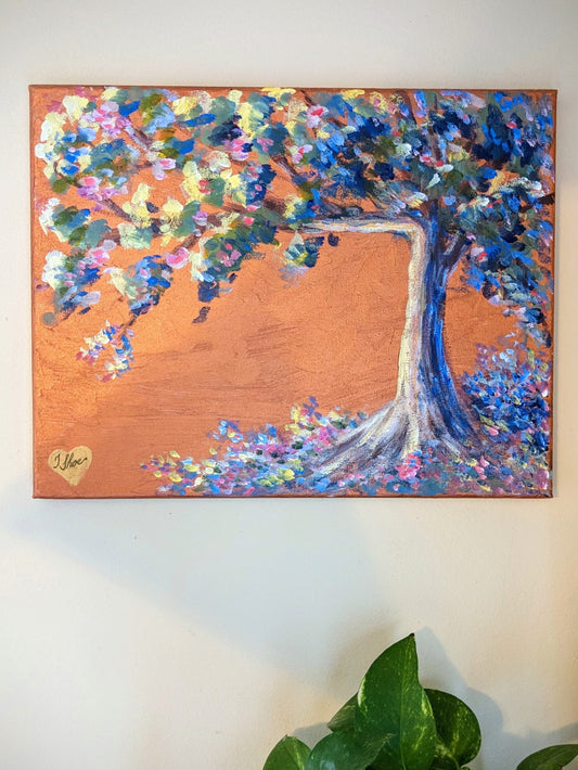 Watercolor painting of a stylized tree with the number 7 hidden in the branches, created for our 7th wedding anniversary. Hangs in our dining room.