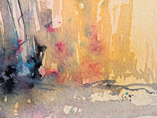 A detail shot of a loose watercolor landscape with yellow, magenta, teal, gray, and black, from Tara Shoemaker Art