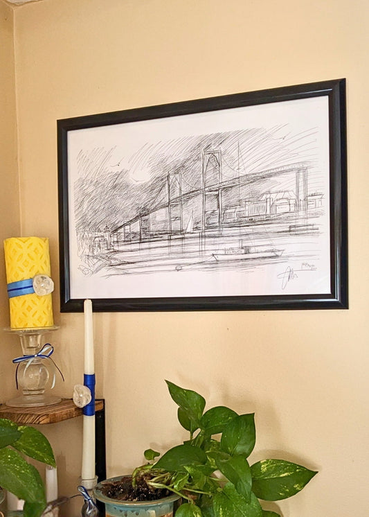 A pen and ink sketch of the Pell Bridge in Newport, Rhode Island by artist Joseph Matose