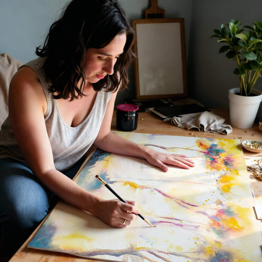 Woman hand-finishing a colorful abstract art print on a table.