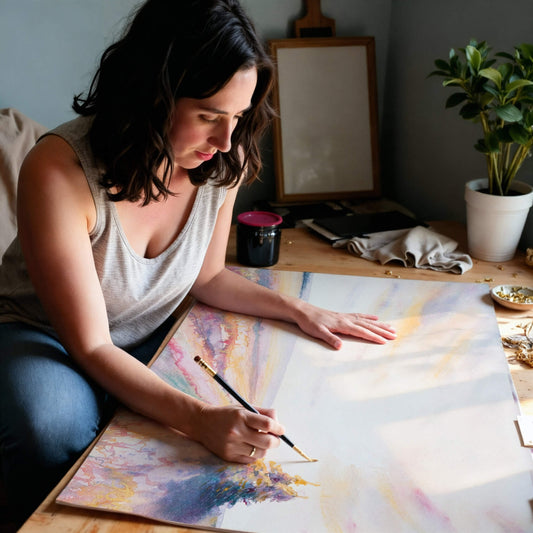 Woman hand-finishing a large painting print with a brush in a home studio setting.