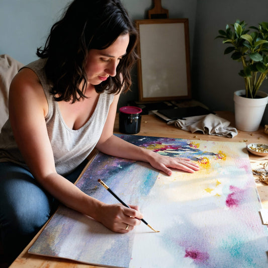 Woman hand-finishing a large art print with a brush in a home studio setting.