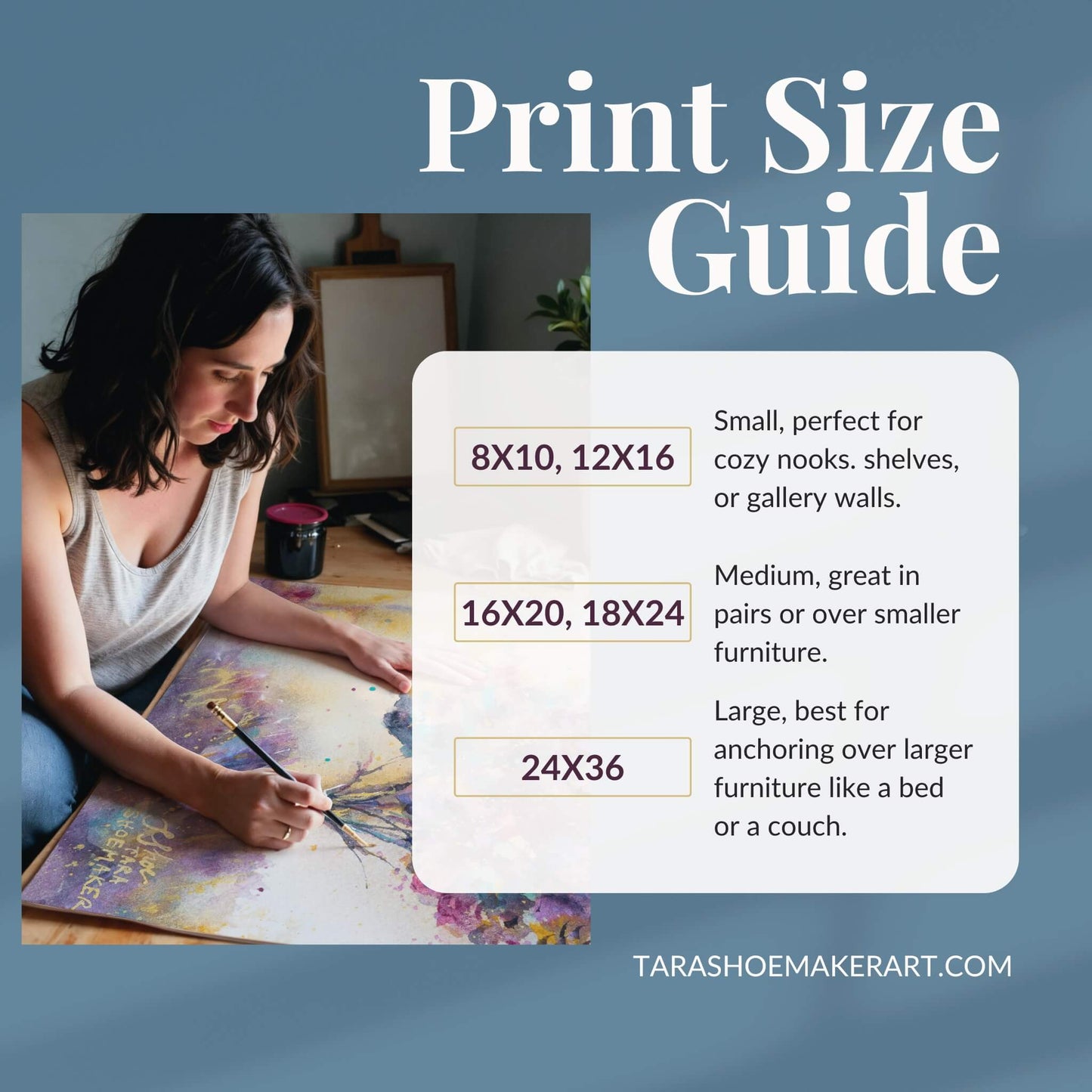 Print size guide with a woman painting, displayed on a blue gradient background.