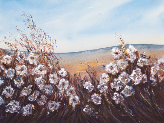 Sharon, a watercolor painting of white wildflowers blowing in the wind by Tara Shoemaker Art