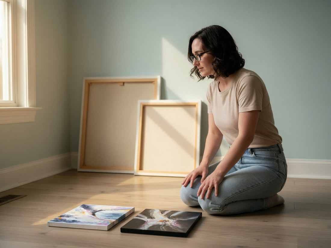 A portrait of Tara Shoemaker, a woman with dark wavy hair, kneeling next to her colorful abstract paintings Fracture and Resurgam on the floor. Portrait created with help of AI tools.