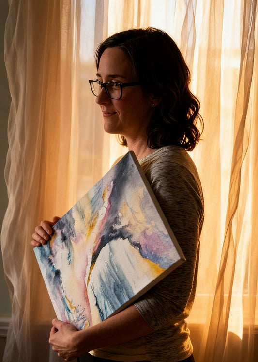 A woman holding an abstract painting in front of a window with glowing curtains