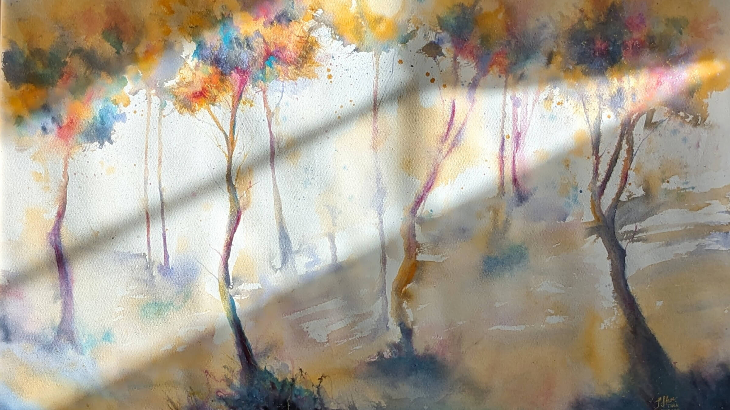 Colorful abstract painting of trees and light