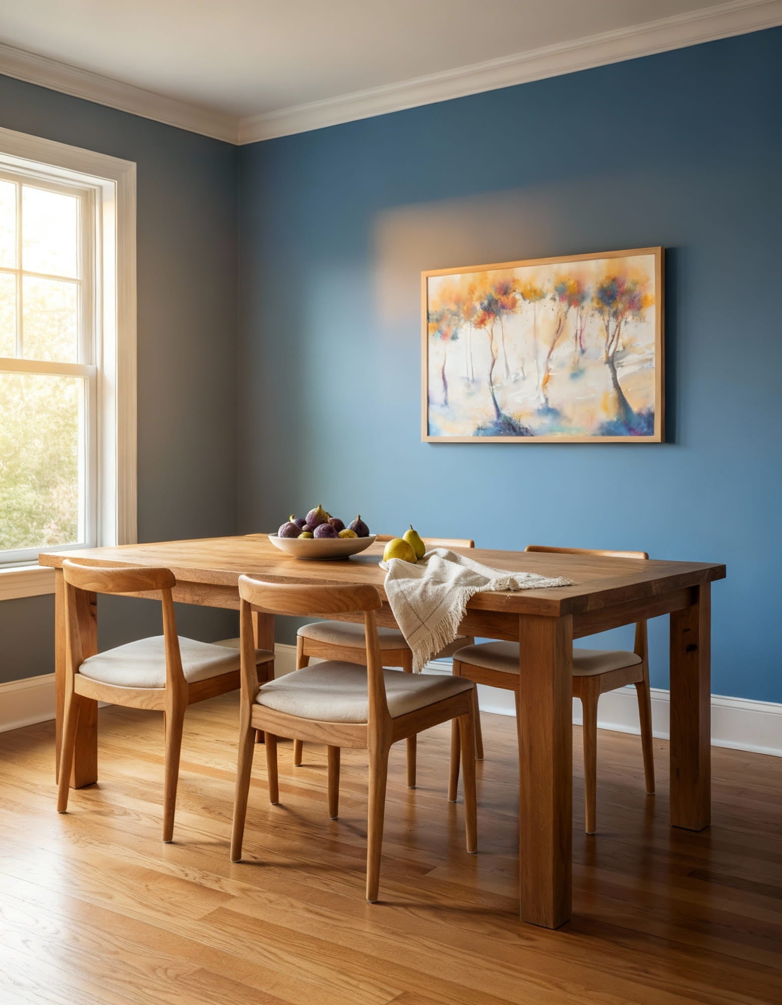 Tara Shoemaker's painting After the Storm with colorful golden trees in a dining room with blue walls. Created with the help of AI tools