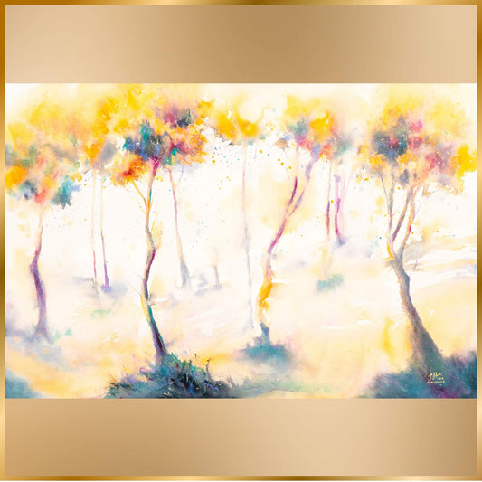 Colorful abstract painting of trees with a gold frame. After the Storm by artist Tara Shoemaker.