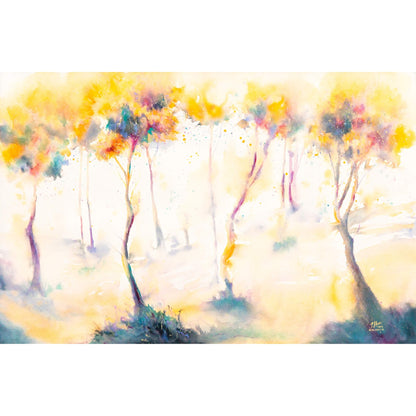 Colorful abstract painting of trees with a soft, golden pastel color palette. After the Storm by artist Tara Shoemaker.