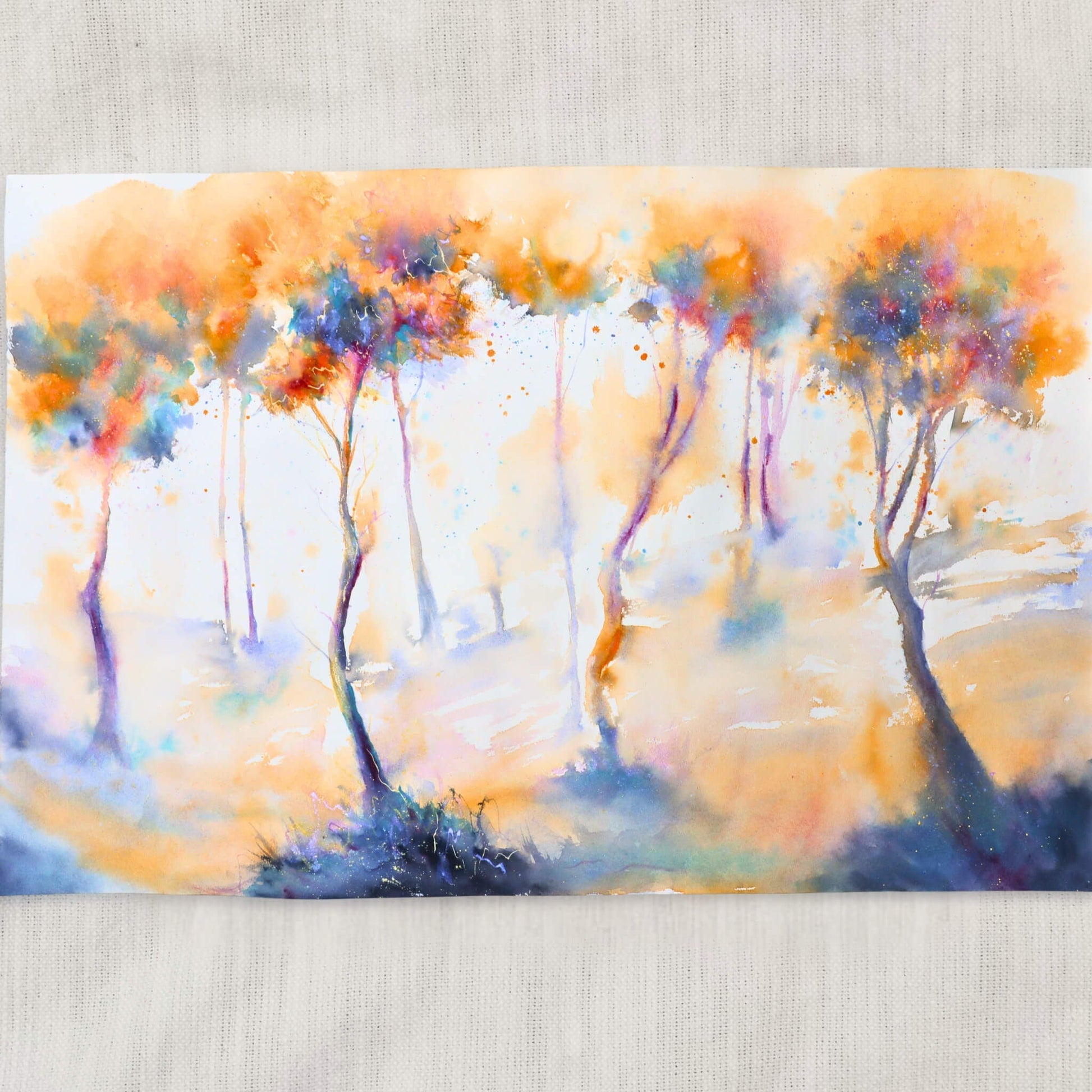 Colorful abstract painting of trees on a textured fabric background. After the Storm by artist Tara Shoemaker.