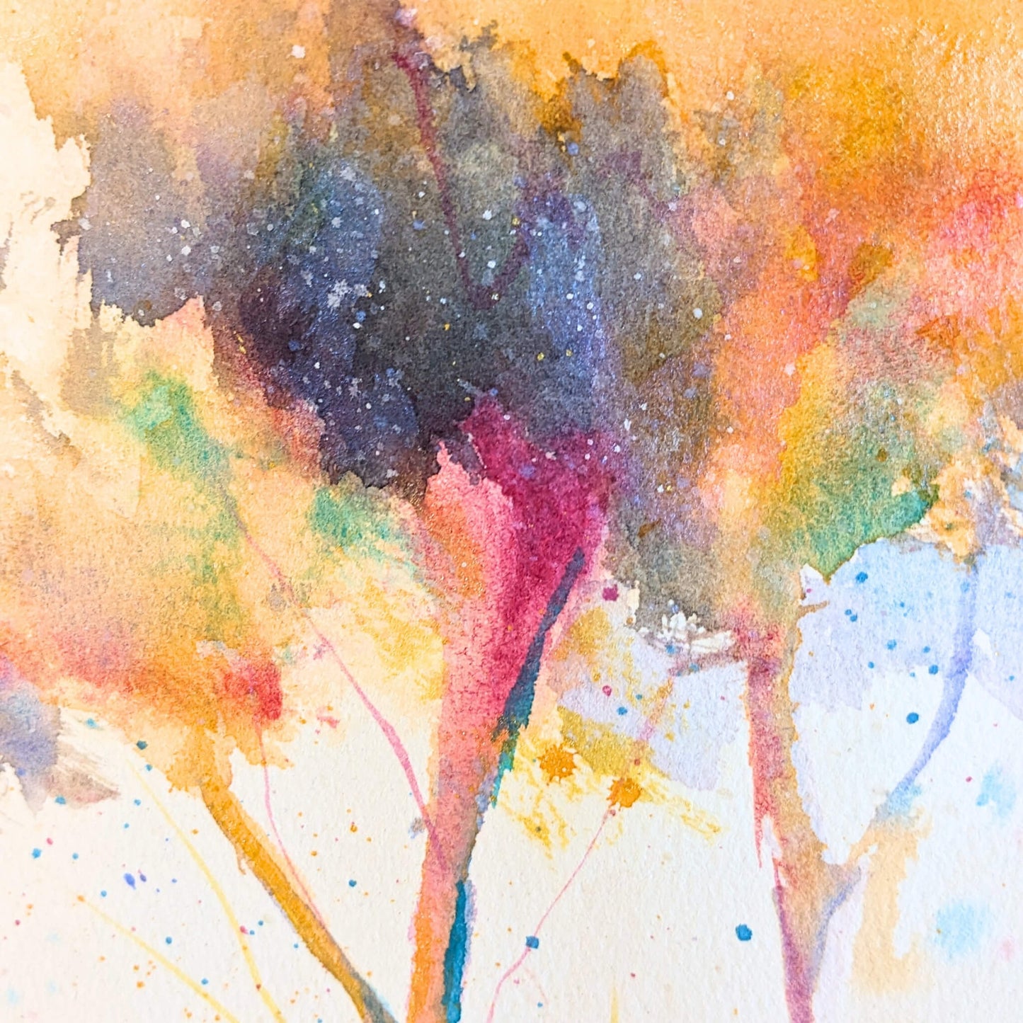 Abstract watercolor painting with splashes of color on a white background