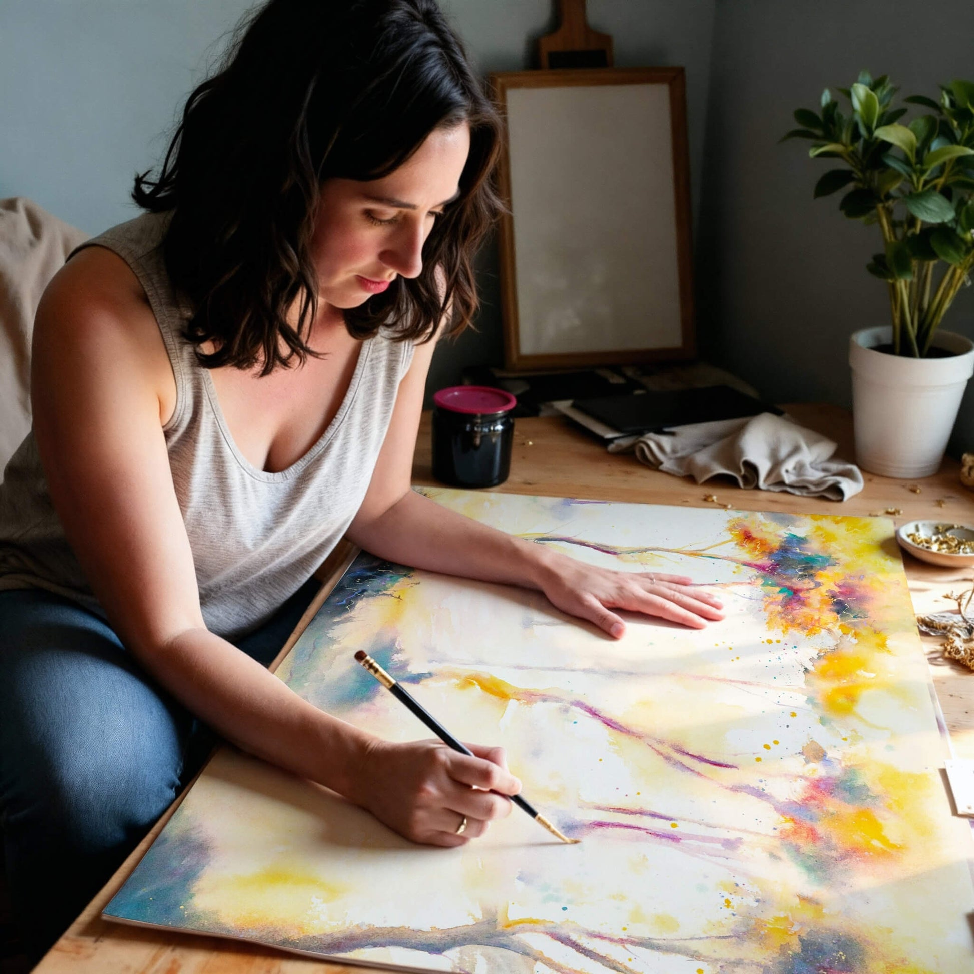 Woman hand-finishing a colorful abstract art print on a table.