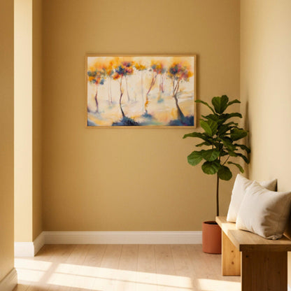 Room interior with a painting, plant, and bench against a beige wall.