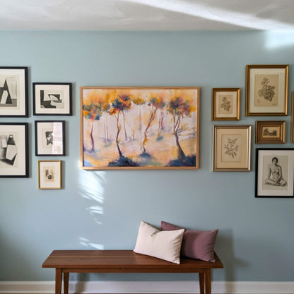Gallery wall with framed artwork and a wooden bench with pillows.