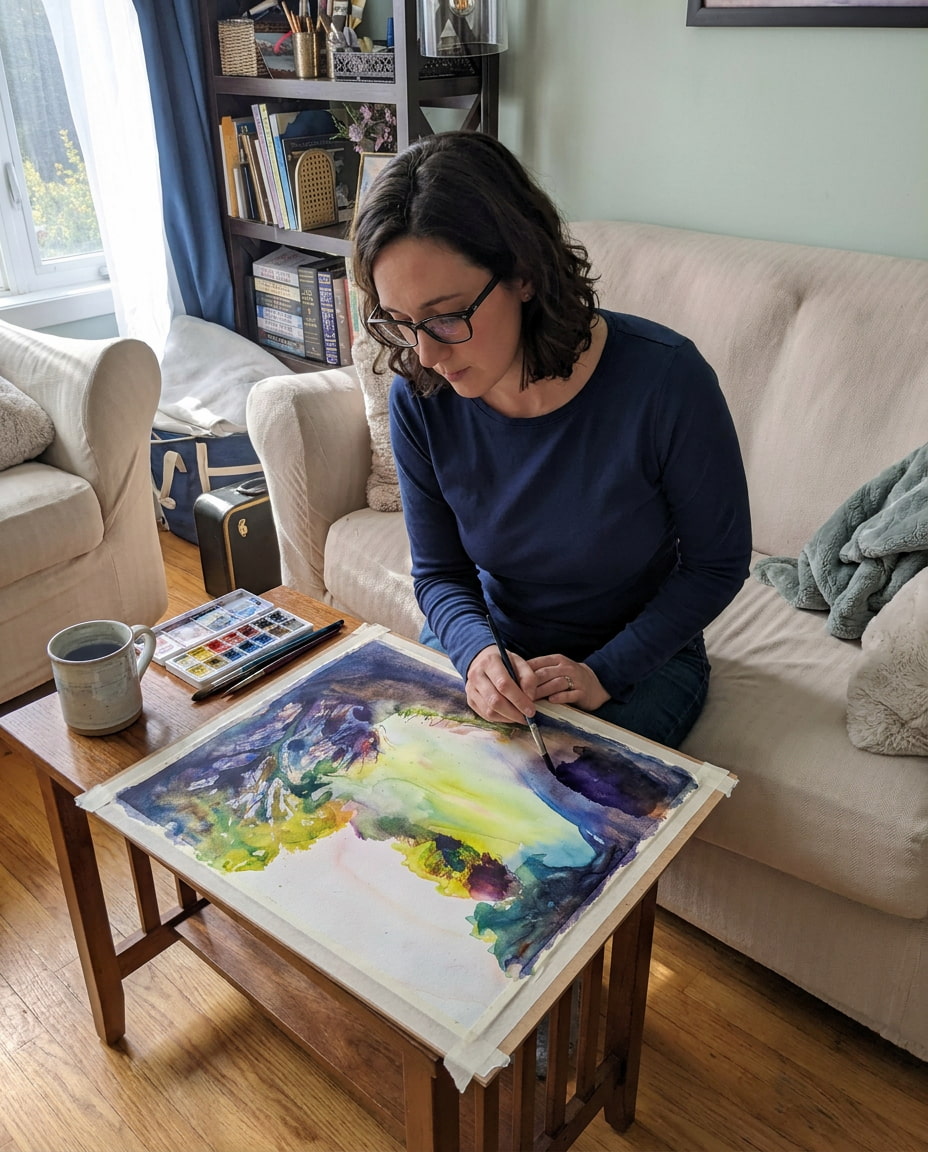 A woman with glasses and a navy blue shirt sits on a beige sofa in a living room, painting on a canvas placed on a wooden table. The canvas shows an abstract landscape with green, yellow, purple, and blue colors.