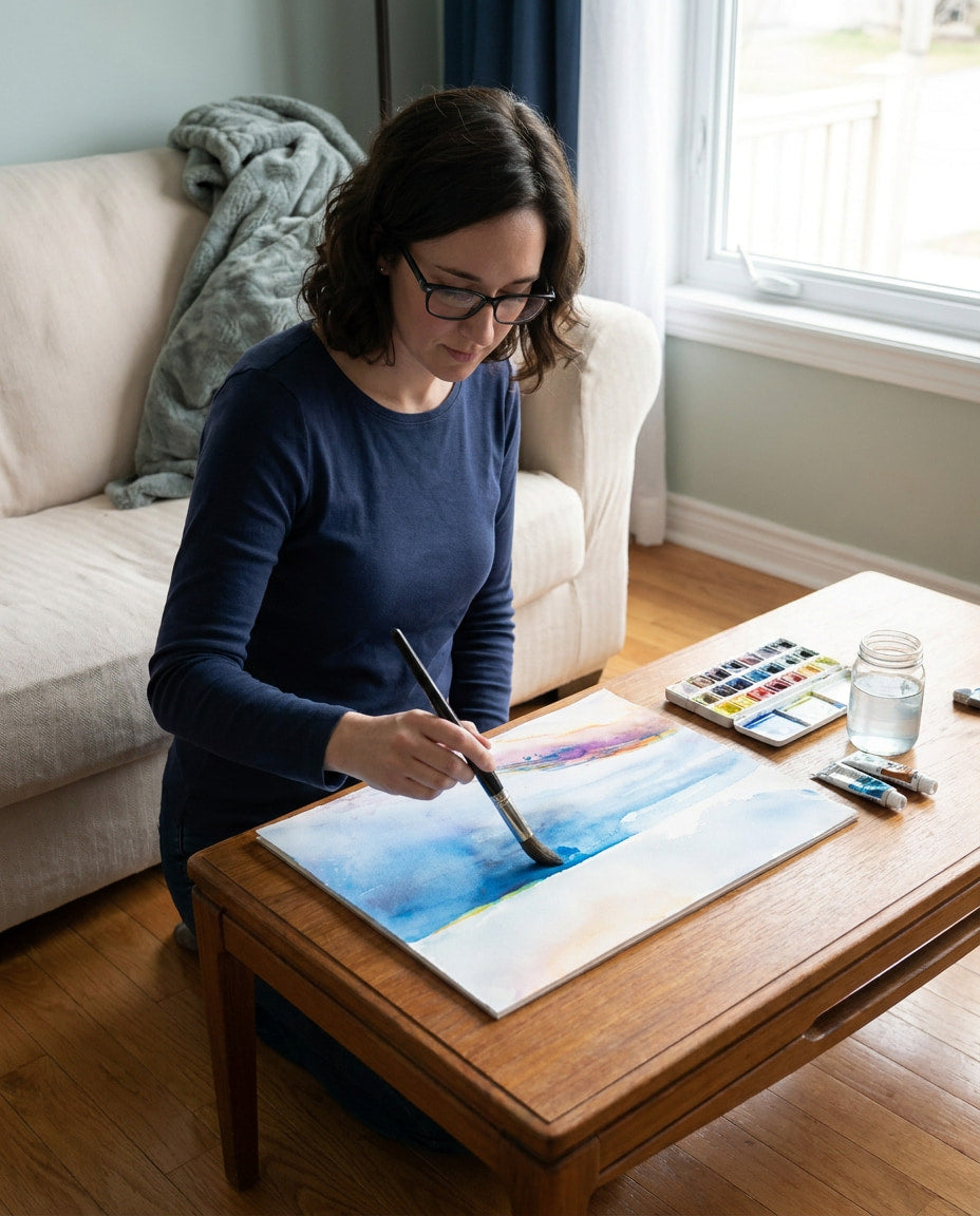 A woman in a navy blue shirt paints an abstract watercolor seascape with deep blues, peaches, and purples.