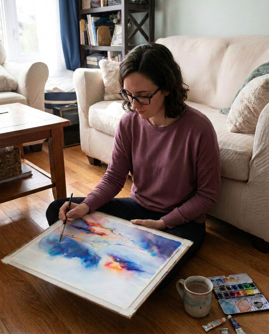 A woman puts the finishing touches on an abstract watercolor painting with blues, pinks, and oranges.