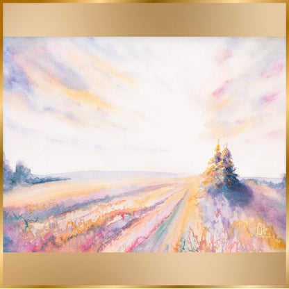 Colorful abstract landscape with trees and light beams, framed by a gold border. Dawn Comes Dreaming by artist Tara Shoemaker.