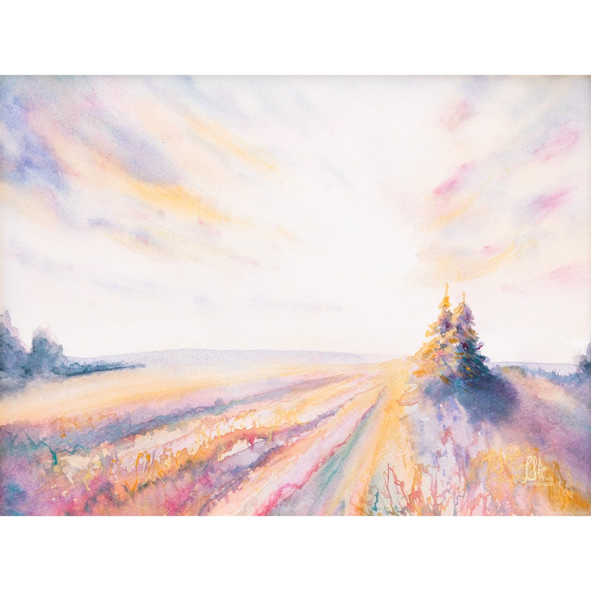 Colorful abstract painting of a landscape with trees and light beams. Dawn Comes Dreaming by artist Tara Shoemaker.