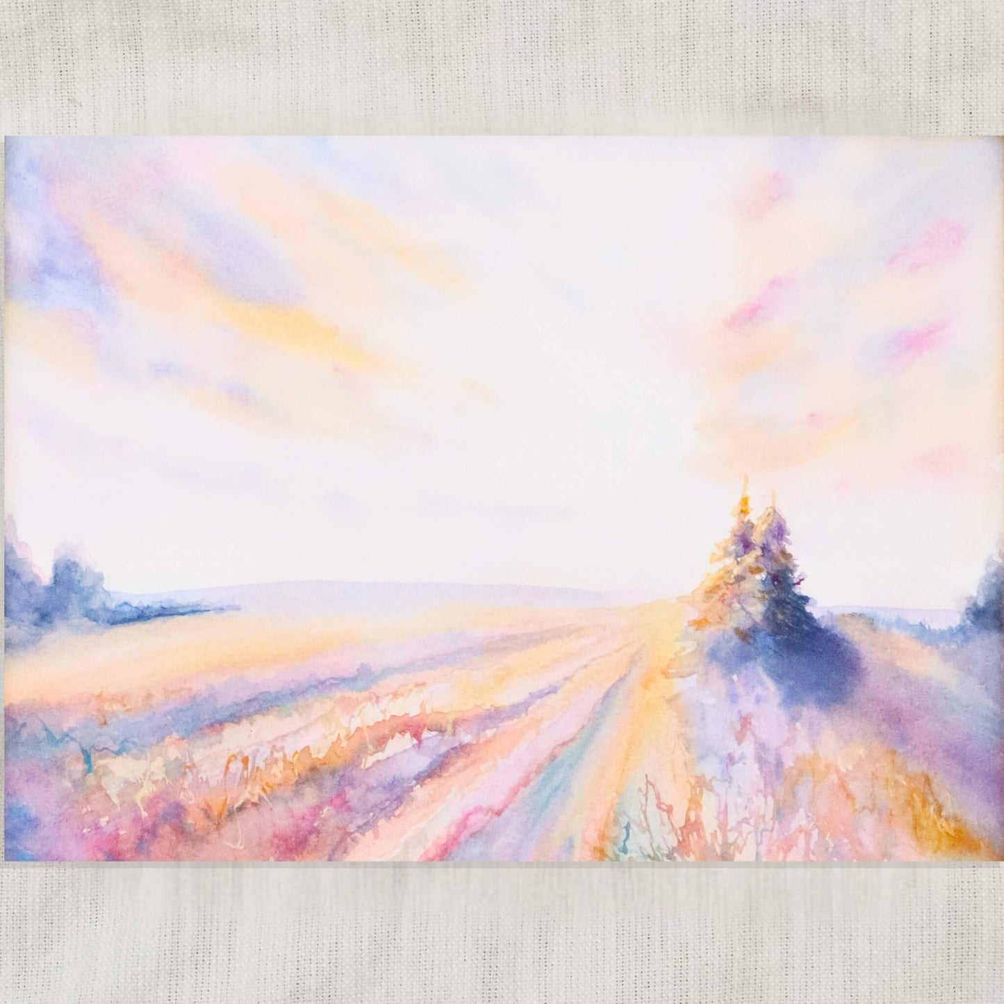 Colorful abstract painting of a landscape with trees in a field on a textured surface. Dawn Comes Dreaming by artist Tara Shoemaker.