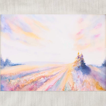 Colorful abstract painting of a landscape with trees in a field on a textured surface. Dawn Comes Dreaming by artist Tara Shoemaker.