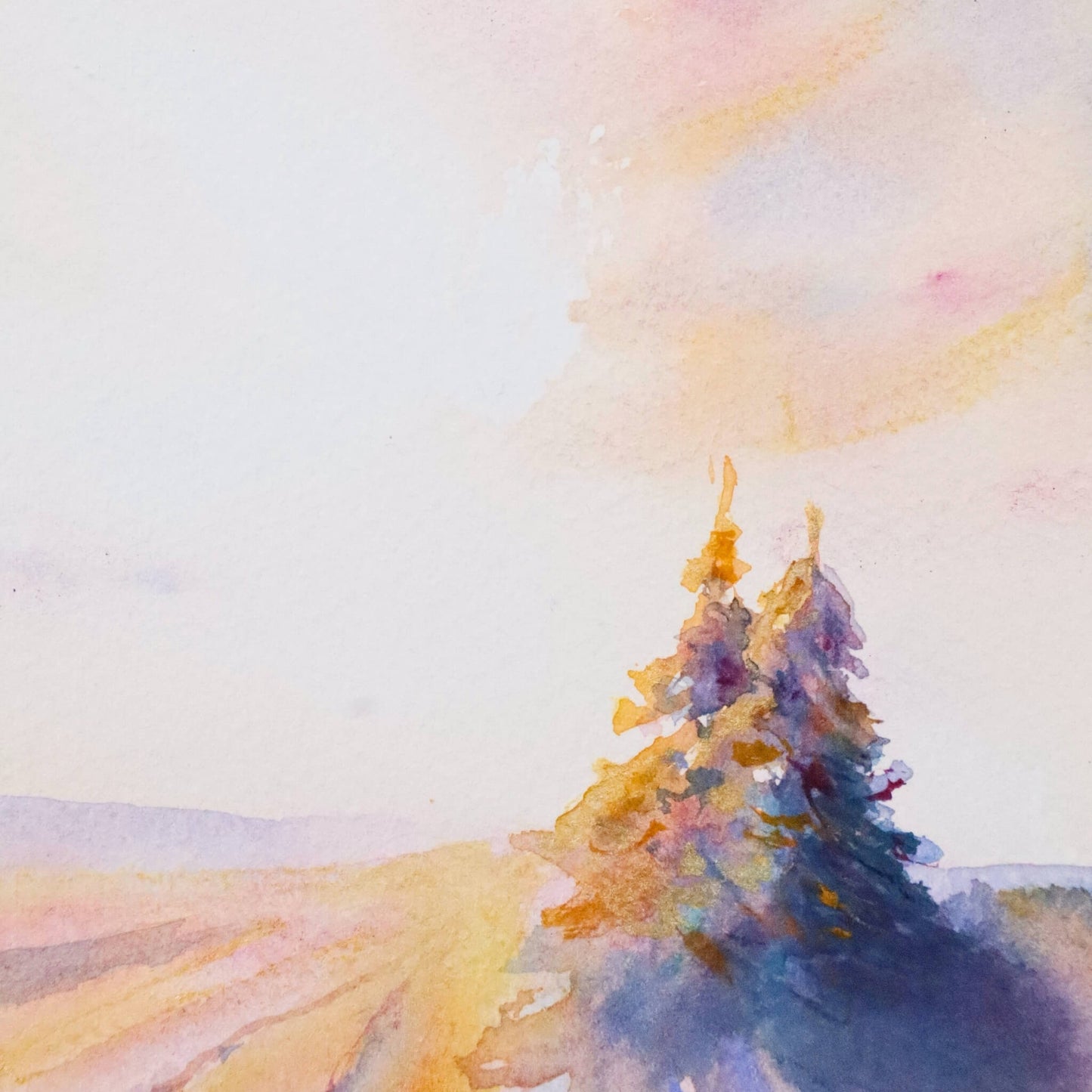 Watercolor painting of trees with a soft, pastel background