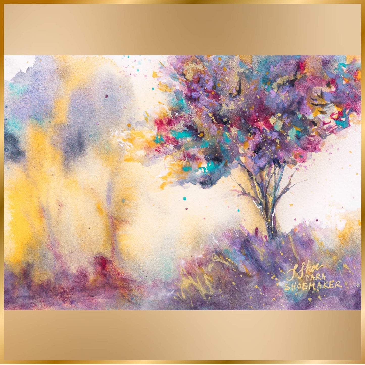 Colorful abstract painting of a tree with a gold frame. Eden by artist Tara Shoemaker.