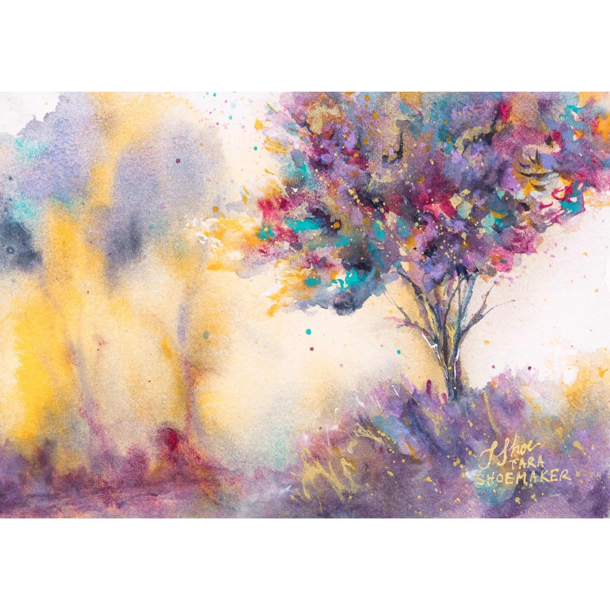 Colorful abstract painting of a tree with a signature at the bottom right corner. Eden by artist Tara Shoemaker.