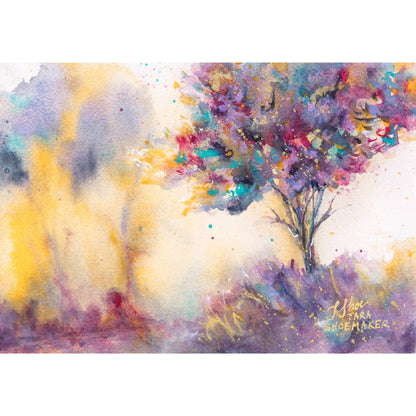 Colorful abstract painting of a tree with a signature at the bottom right corner. Eden by artist Tara Shoemaker.