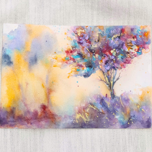 Colorful abstract painting of a tree on a textured fabric background. Eden by artist Tara Shoemaker.
