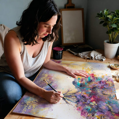 Woman hand-finishing a colorful abstract art print on a table.
