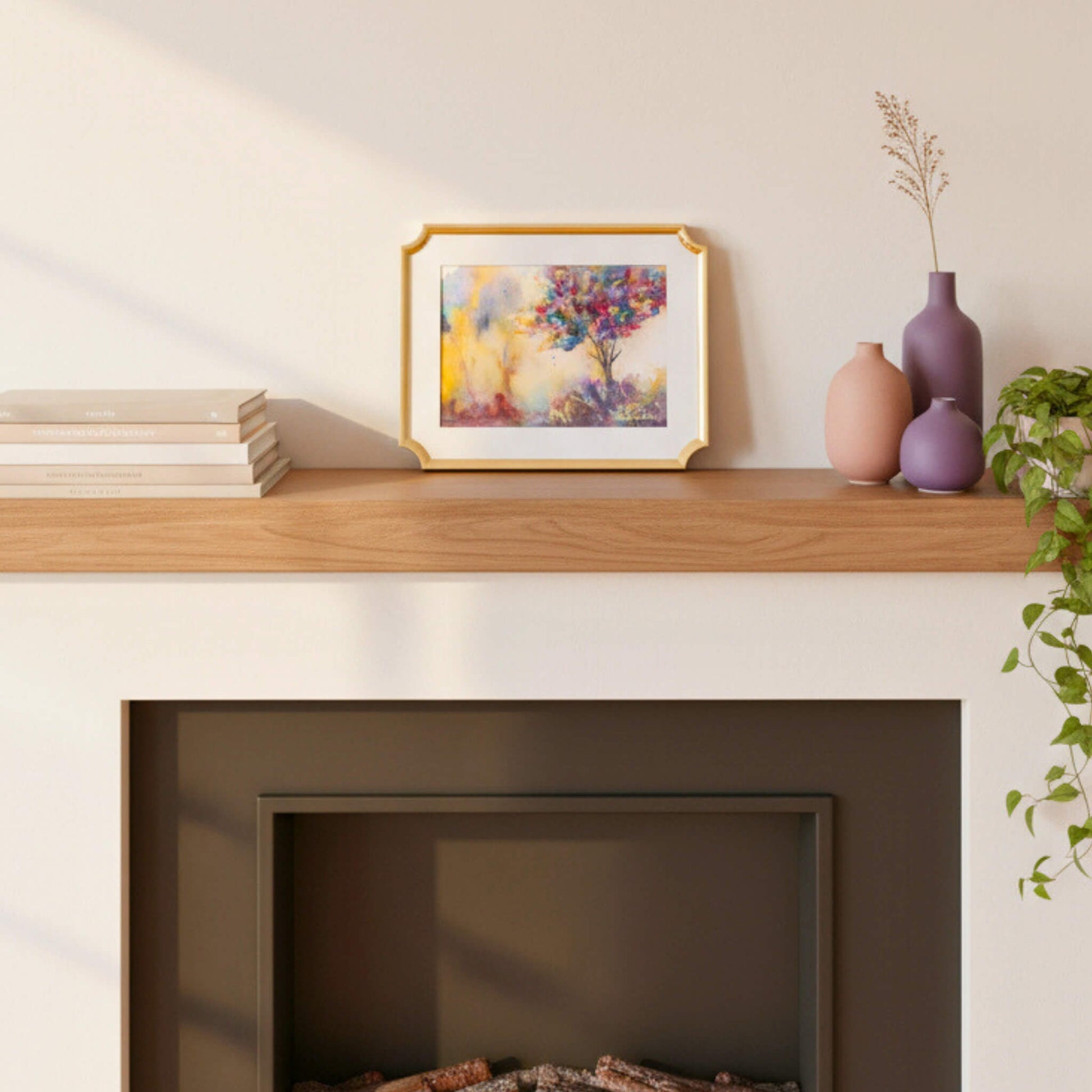 Wooden mantelpiece with a framed abstract painting, books, and decorative vases.