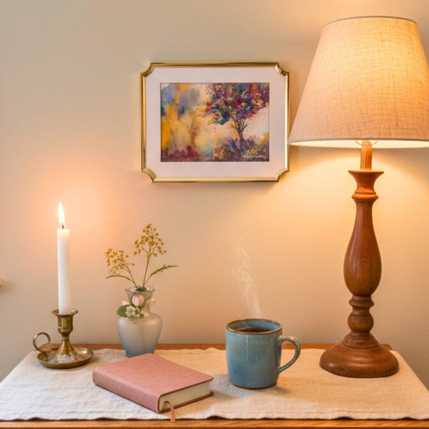 Cozy indoor setting with a lamp, mug, candle, and book on a table.