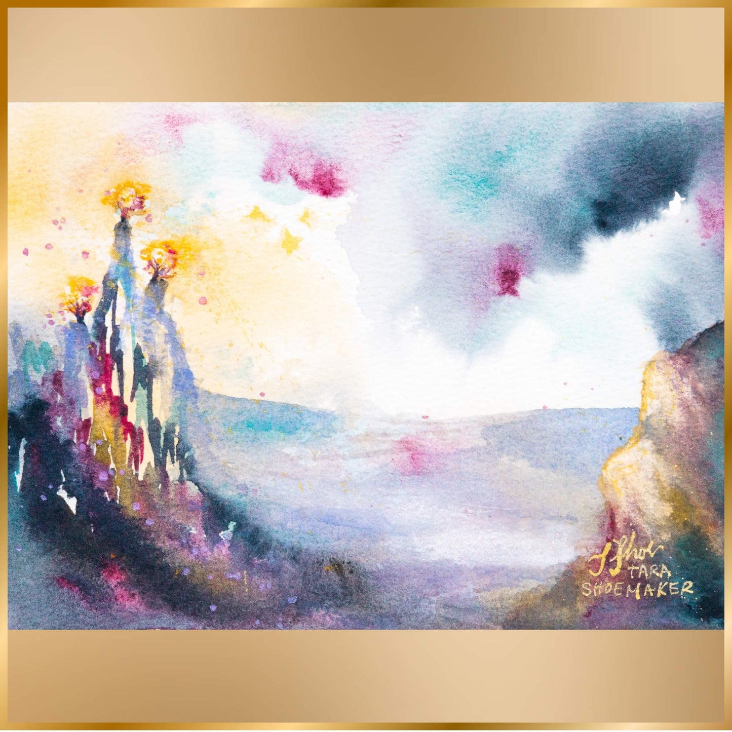 Colorful abstract landscape painting with three burning trees on a hill with a gold frame. Ex Ruinas Lux by artist Tara Shoemaker.