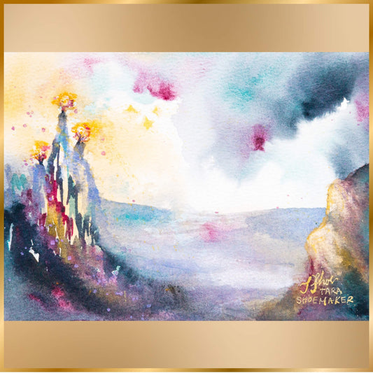 Colorful abstract landscape painting with three burning trees on a hill with a gold frame. Ex Ruinas Lux by artist Tara Shoemaker.