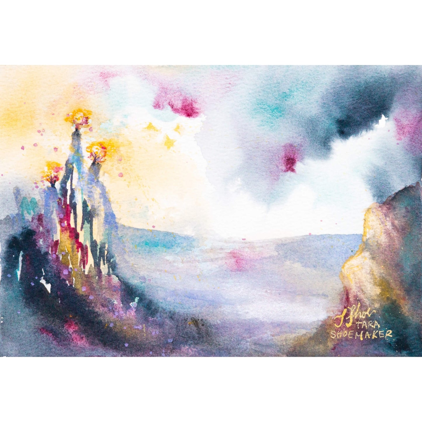 Watercolor painting of three burning trees overlooking a landscape with colorful abstract elements. Ex Ruinas Lux by artist Tara Shoemaker.