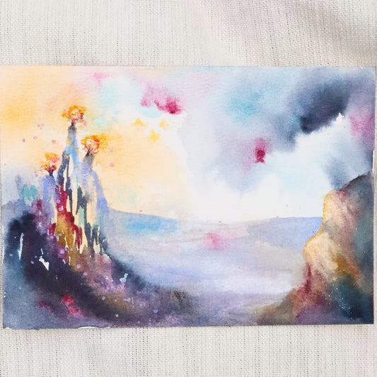 Watercolor painting of three burning trees on a hill with soft, pastel colors on a textured fabric background. Ex Ruinas Lux by artist Tara Shoemaker.