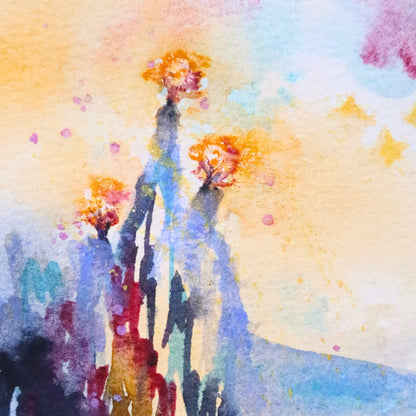 Colorful abstract watercolor painting with tree-like shapes and a soft, multicolored background.