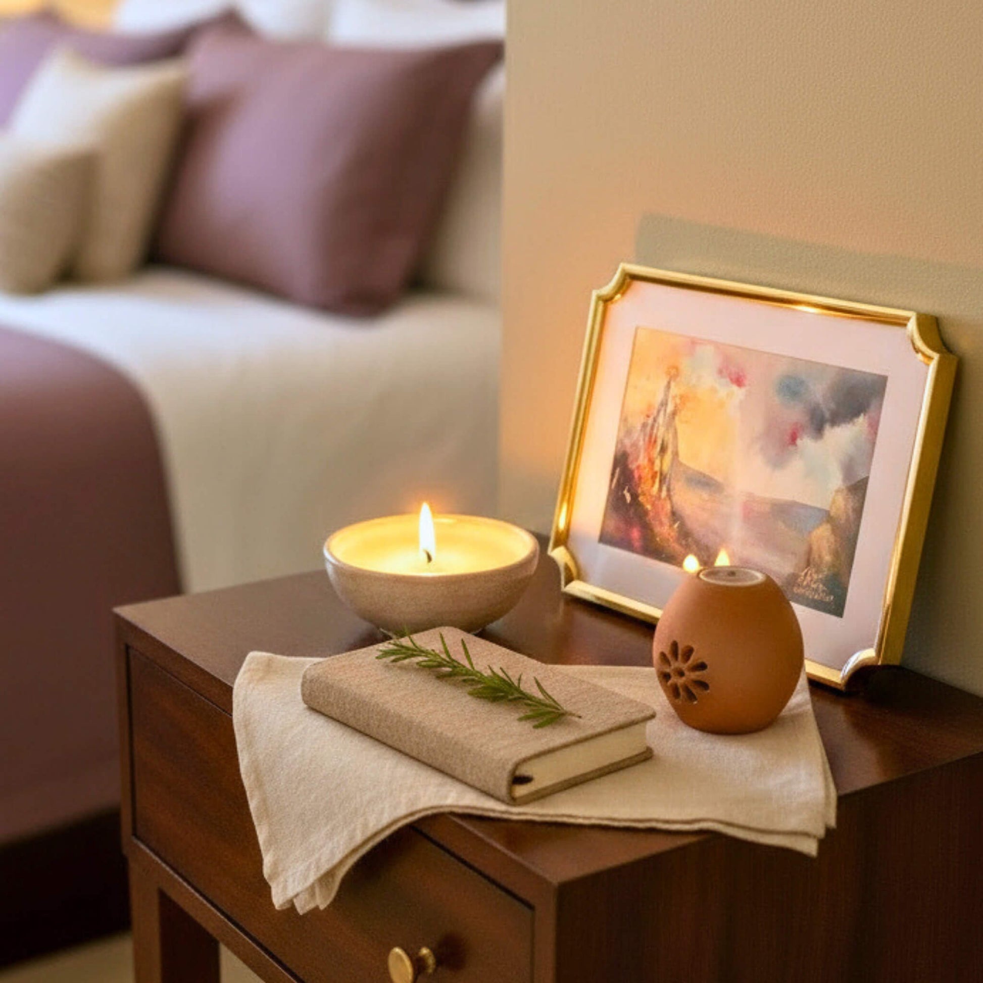 Candlelit scene on a wooden side table with a painting, a book and decorative items, blurred bed in the background