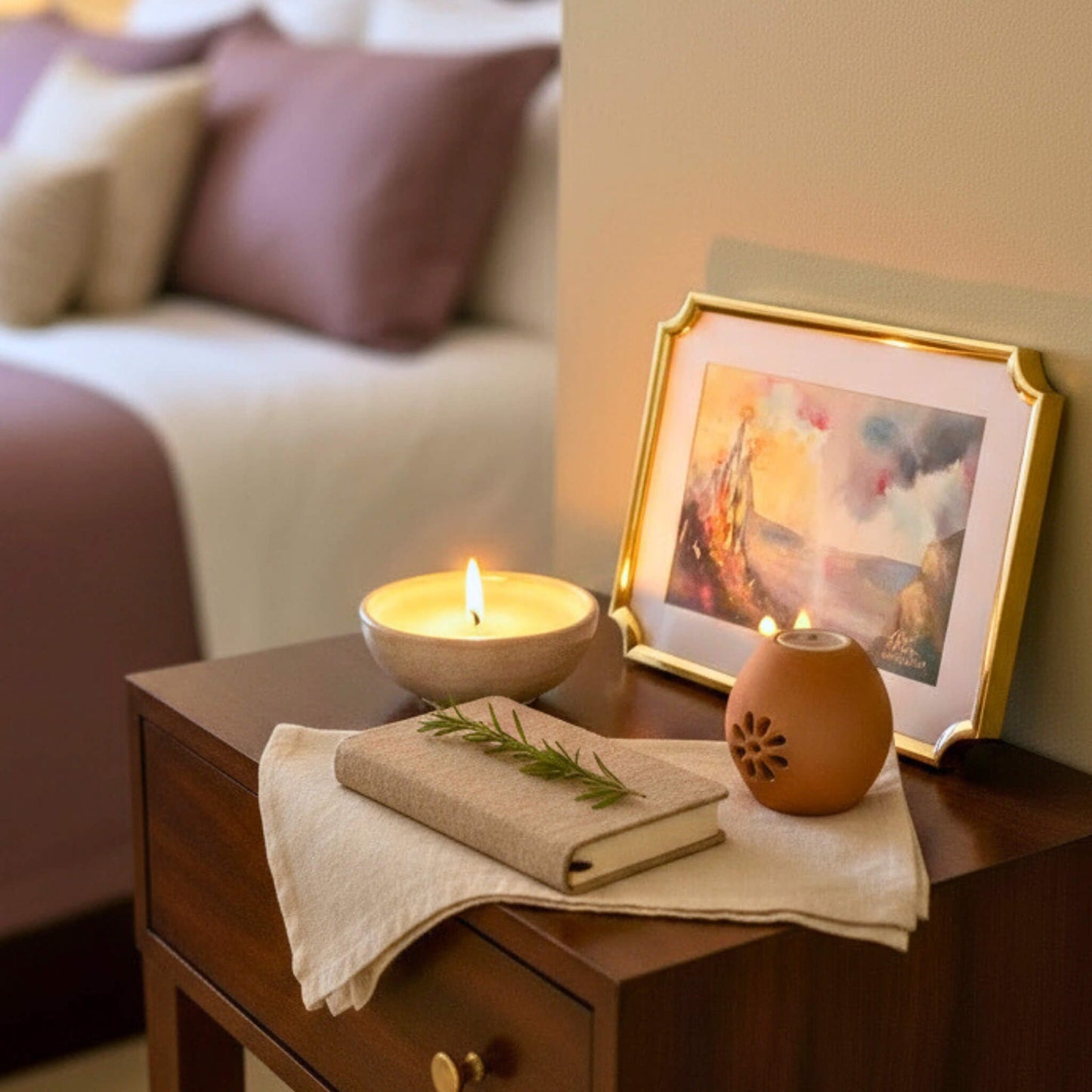 Candlelit scene on a wooden side table with a painting, a book and decorative items, blurred bed in the background