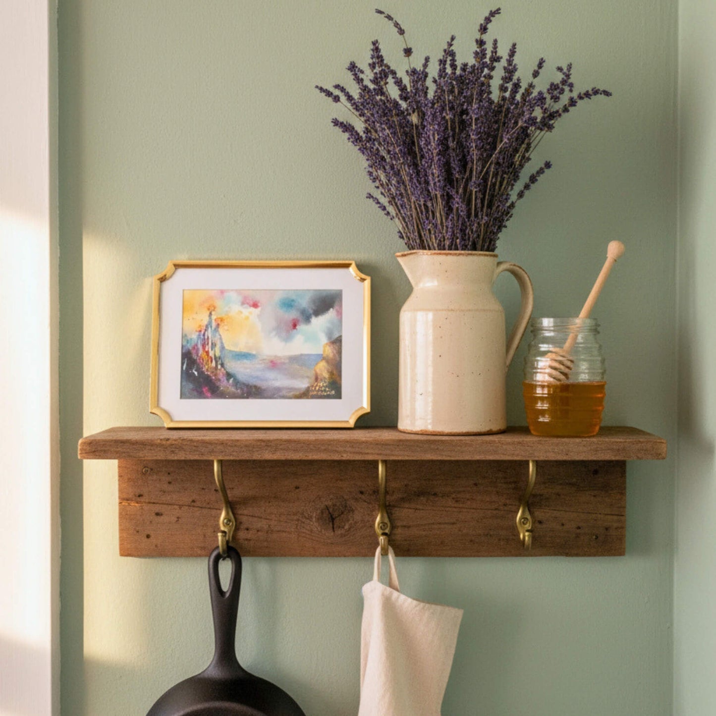 Wooden shelf with decorative items including a vase of lavender, a jar of honey, and a framed picture on a green wall.