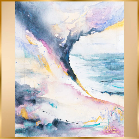Abstract watercolor painting with colorful brush strokes and a strong dark diagonal on a gold frame. Fracture by artist Tara Shoemaker.