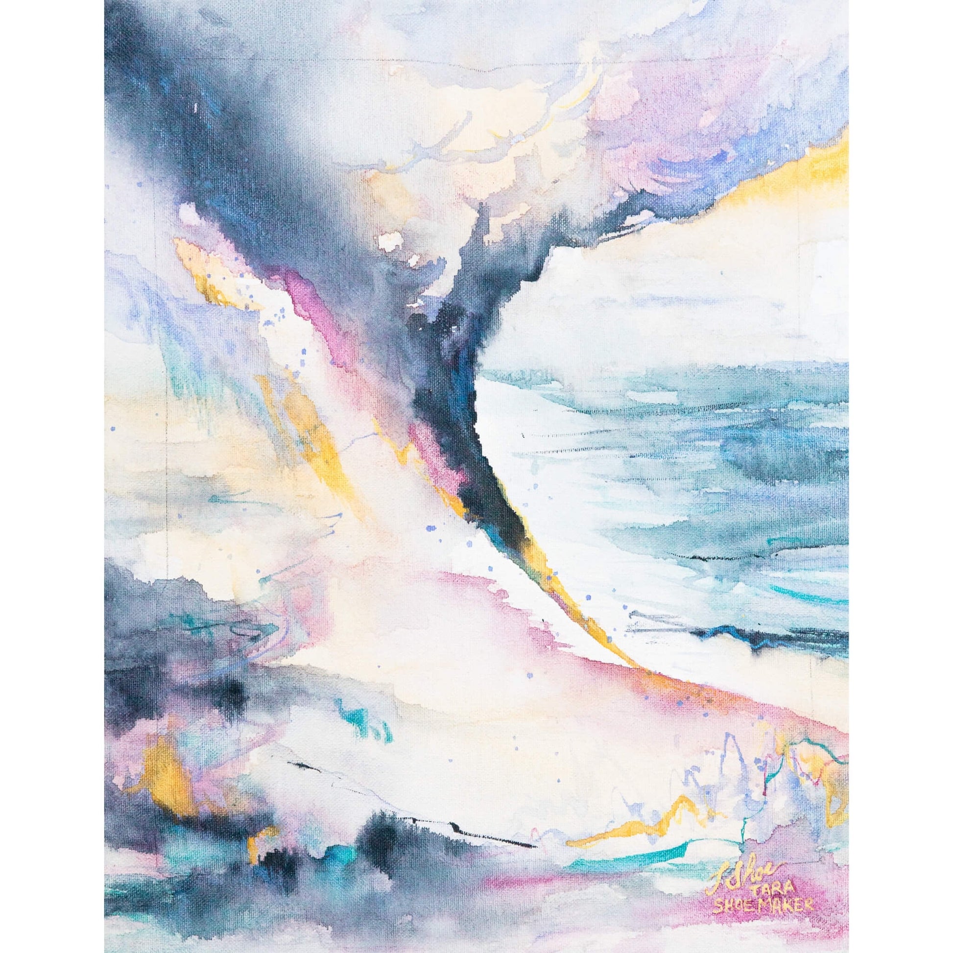 Abstract watercolor painting with colorful brush strokes and a strong dark diagonal line like a tornado in front of the ocean. Fracture by artist Tara Shoemaker.
