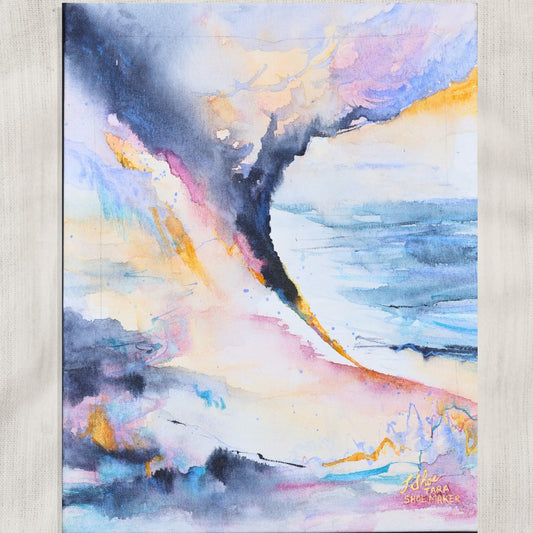 Abstract watercolor painting with blue, yellow, and pink and a strong dark diagonal on a light gray background. Fracture by artist Tara Shoemaker.