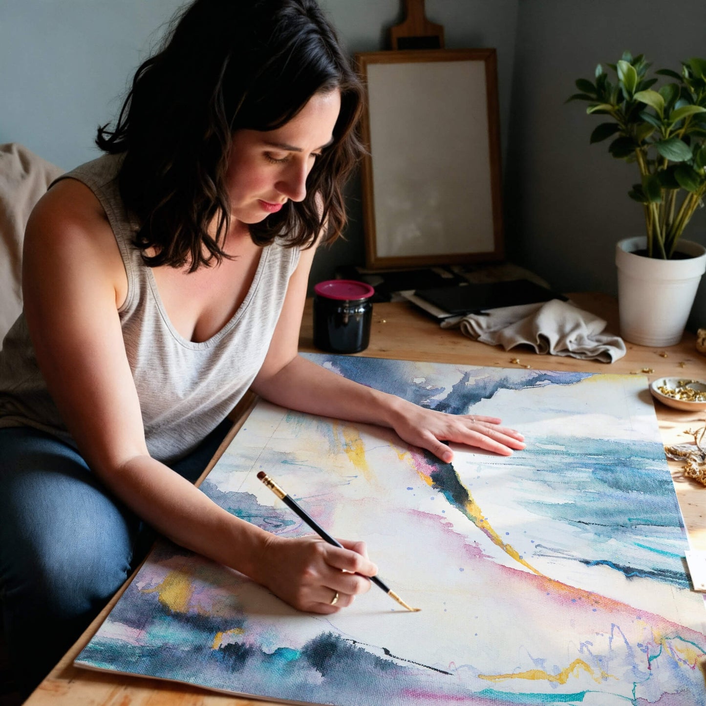 Woman hand-finishing a colorful abstract artwork on a wooden table.