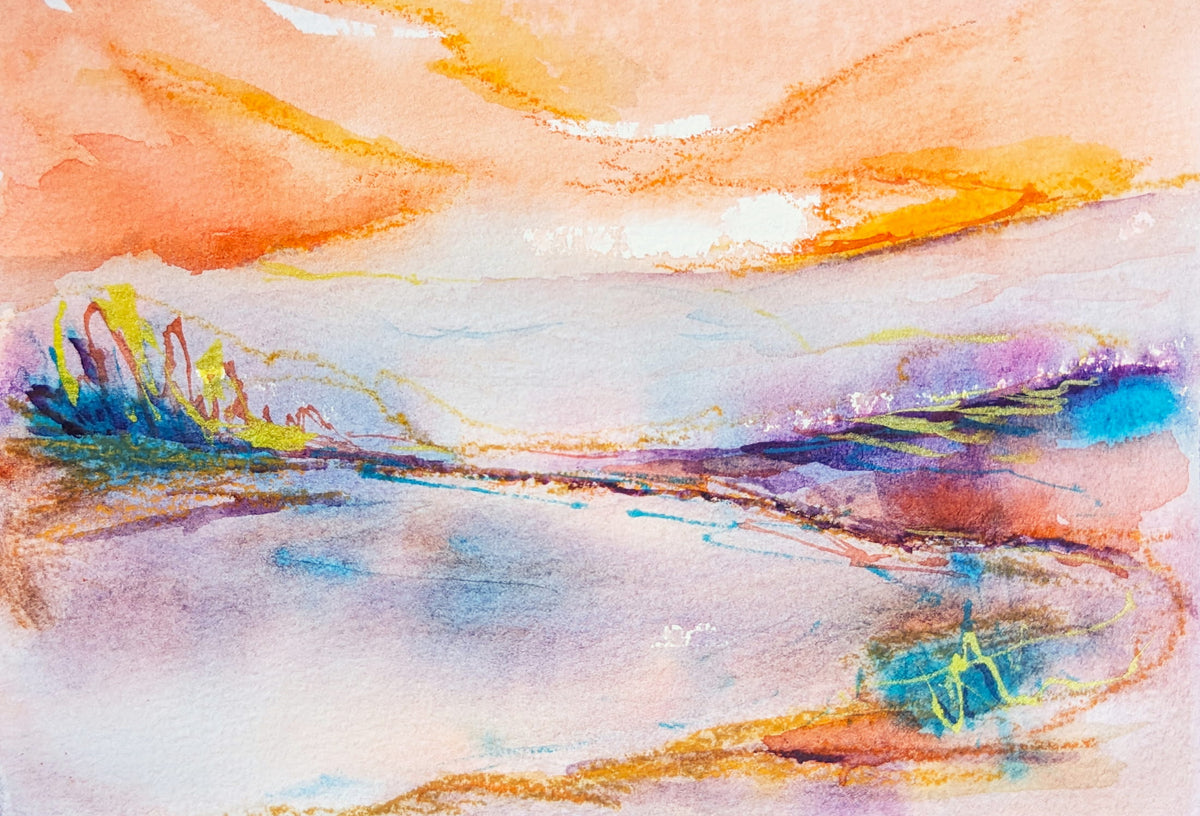 Abstract landscape watercolor painting with flowing brushstrokes in orange, yellow, blue, purple, and white, depicting a soft scenic scene.