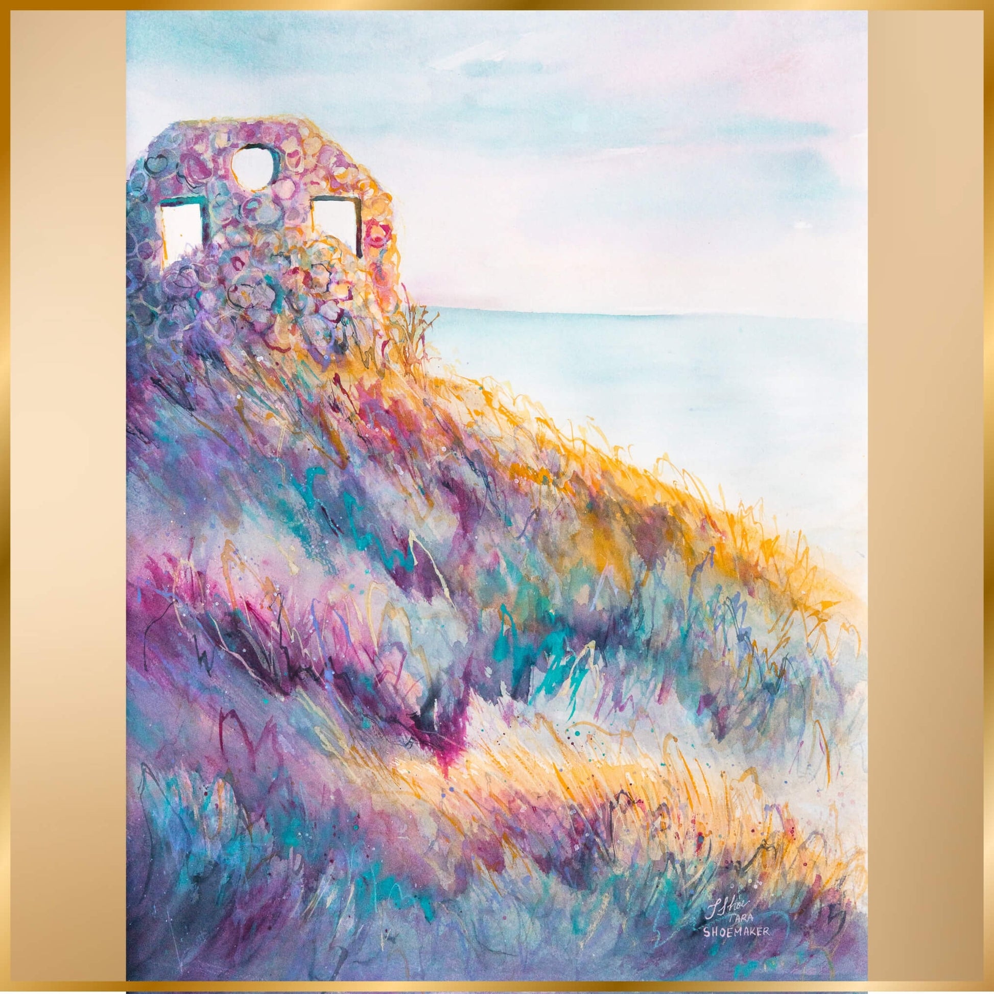 Colorful abstract painting of a landscape with a ruin structure. Ghosts by artist Tara Shoemaker.