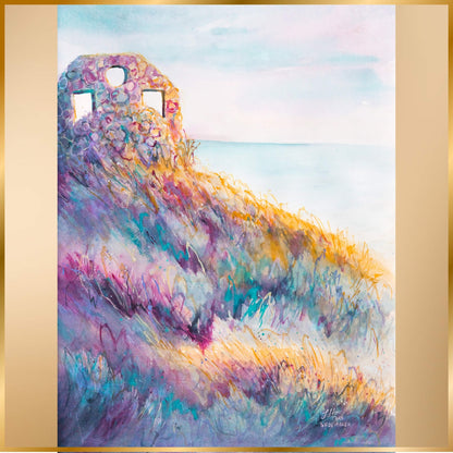 Colorful abstract painting of a landscape with a ruin structure. Ghosts by artist Tara Shoemaker.