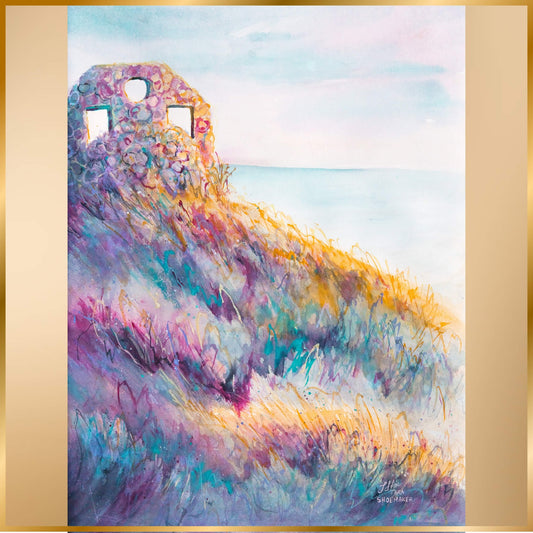 Colorful abstract painting of a landscape with a ruin structure. Ghosts by artist Tara Shoemaker.